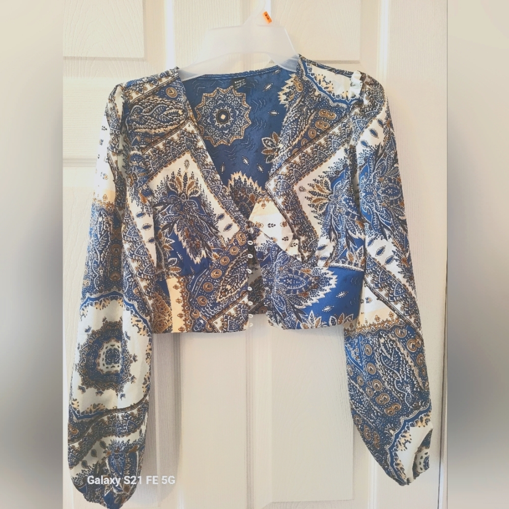 Blue and White Paisley Wrap Top